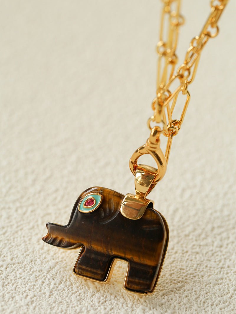 Natural Stone Elephant Pendant Necklace Tiger’s Eye / Green Aventurine - floysun