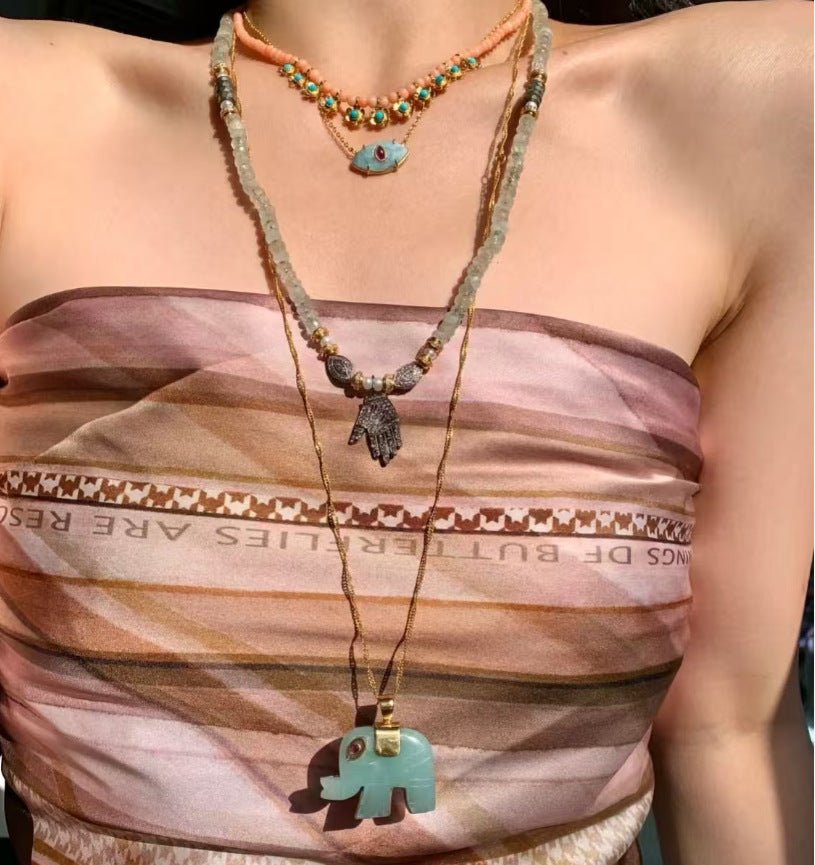 Natural Stone Elephant Pendant Necklace Tiger’s Eye / Green Aventurine - floysun