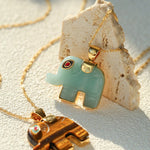 Natural Stone Elephant Pendant Necklace Tiger’s Eye / Green Aventurine - floysun
