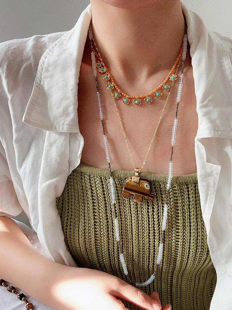 Natural Stone Elephant Pendant Necklace Tiger’s Eye / Green Aventurine - floysun