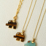 Natural Stone Elephant Pendant Necklace Tiger’s Eye / Green Aventurine - floysun