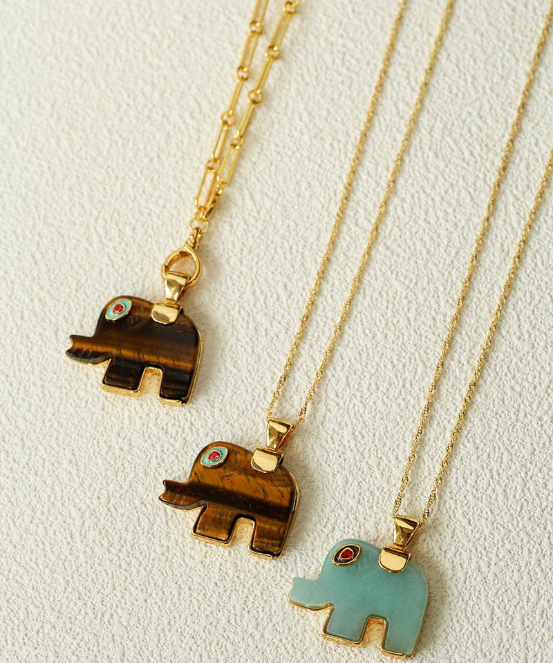 Natural Stone Elephant Pendant Necklace Tiger’s Eye / Green Aventurine - floysun
