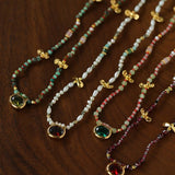 Natural Stone & Freshwater Pearl Oval CZ Pendant Necklace - floysun
