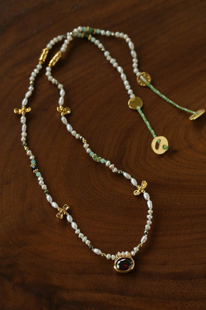 Natural Stone & Freshwater Pearl Oval CZ Pendant Necklace - floysun