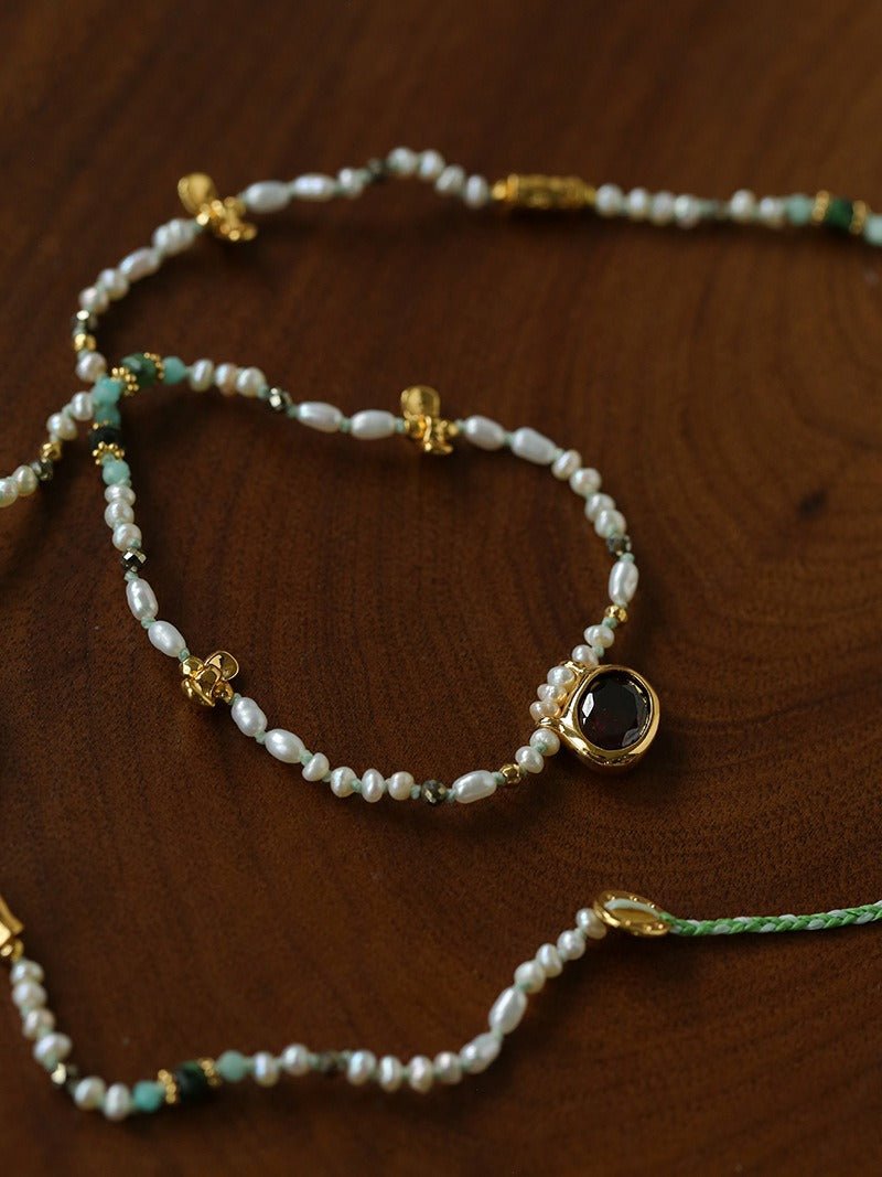 Natural Stone & Freshwater Pearl Oval CZ Pendant Necklace - floysun