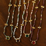 Natural Stone & Freshwater Pearl Oval CZ Pendant Necklace - floysun
