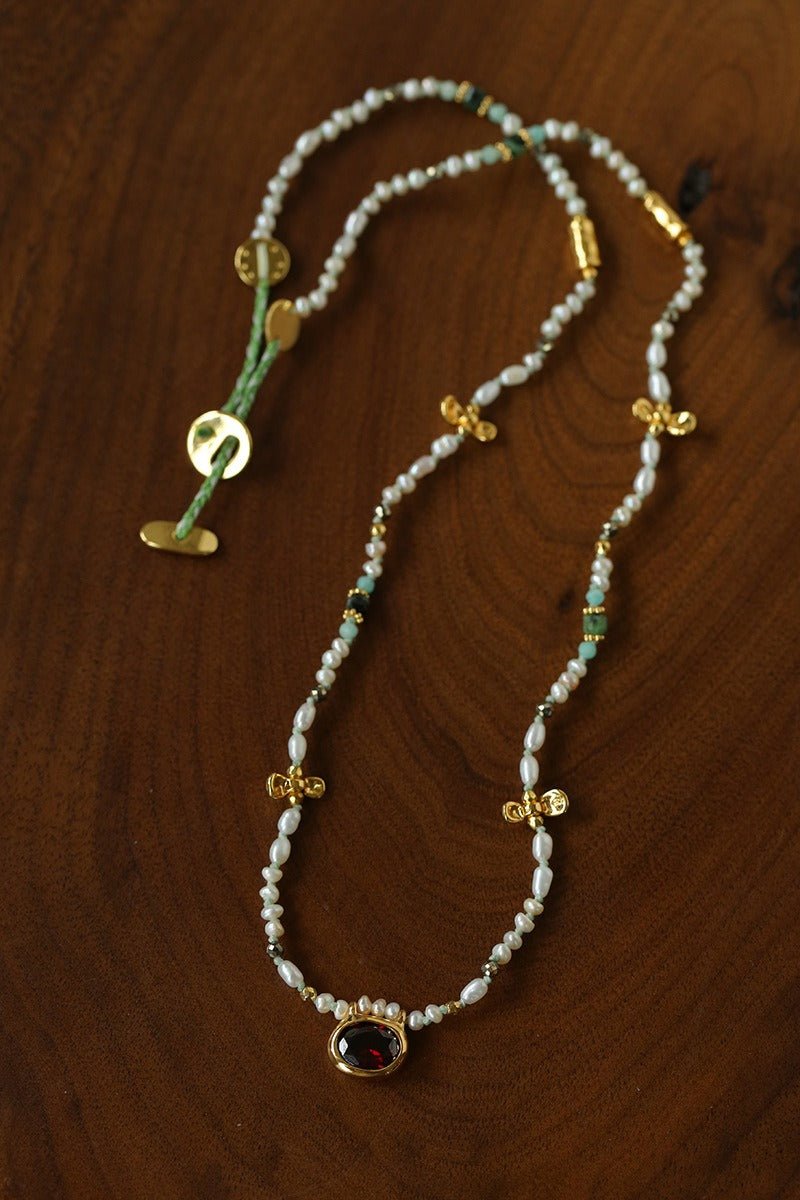 Natural Stone & Freshwater Pearl Oval CZ Pendant Necklace - floysun