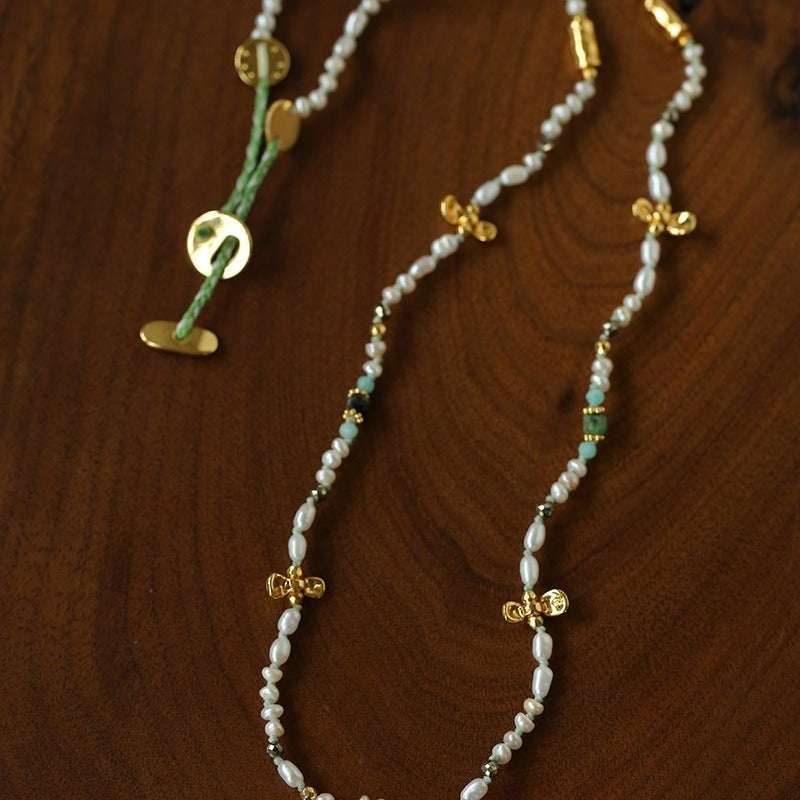 Natural Stone & Freshwater Pearl Oval CZ Pendant Necklace - floysun