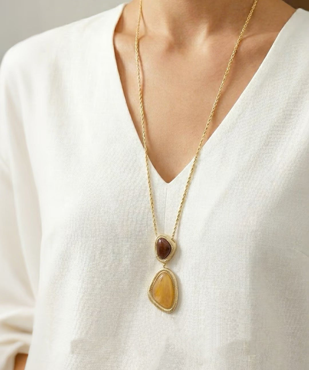 Natural Stone Geometric Layered Pendant Necklace - floysun