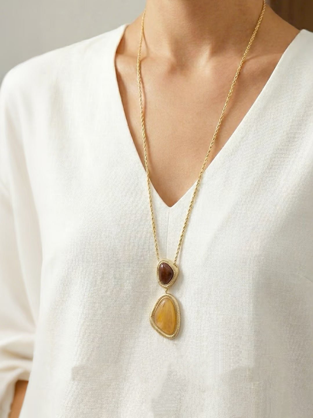 Natural Stone Geometric Layered Pendant Necklace - floysun