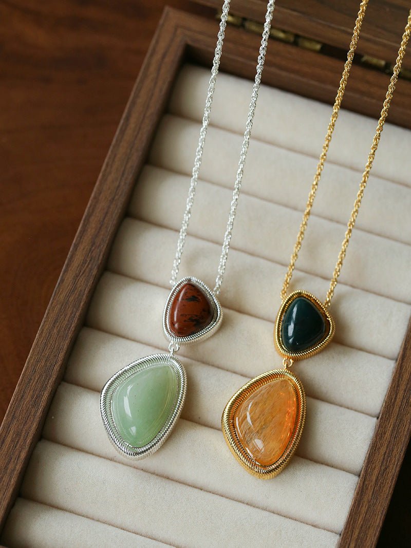 Natural Stone Geometric Layered Pendant Necklace - floysun