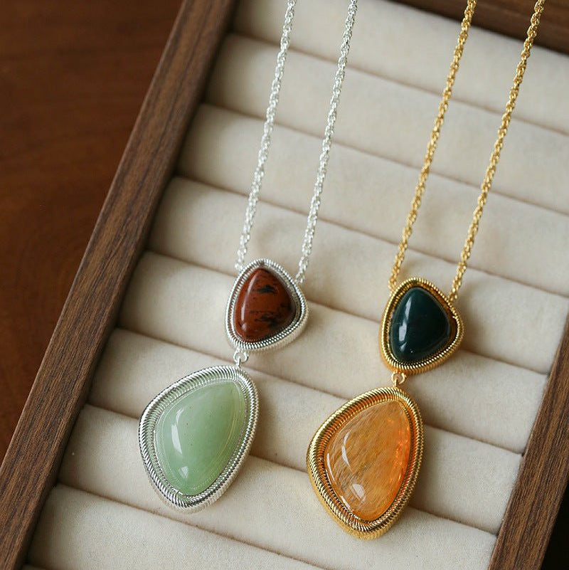 Natural Stone Geometric Layered Pendant Necklace - floysun