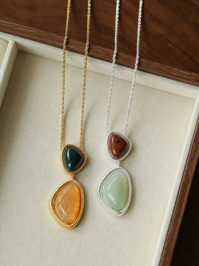 Natural Stone Geometric Layered Pendant Necklace - floysun