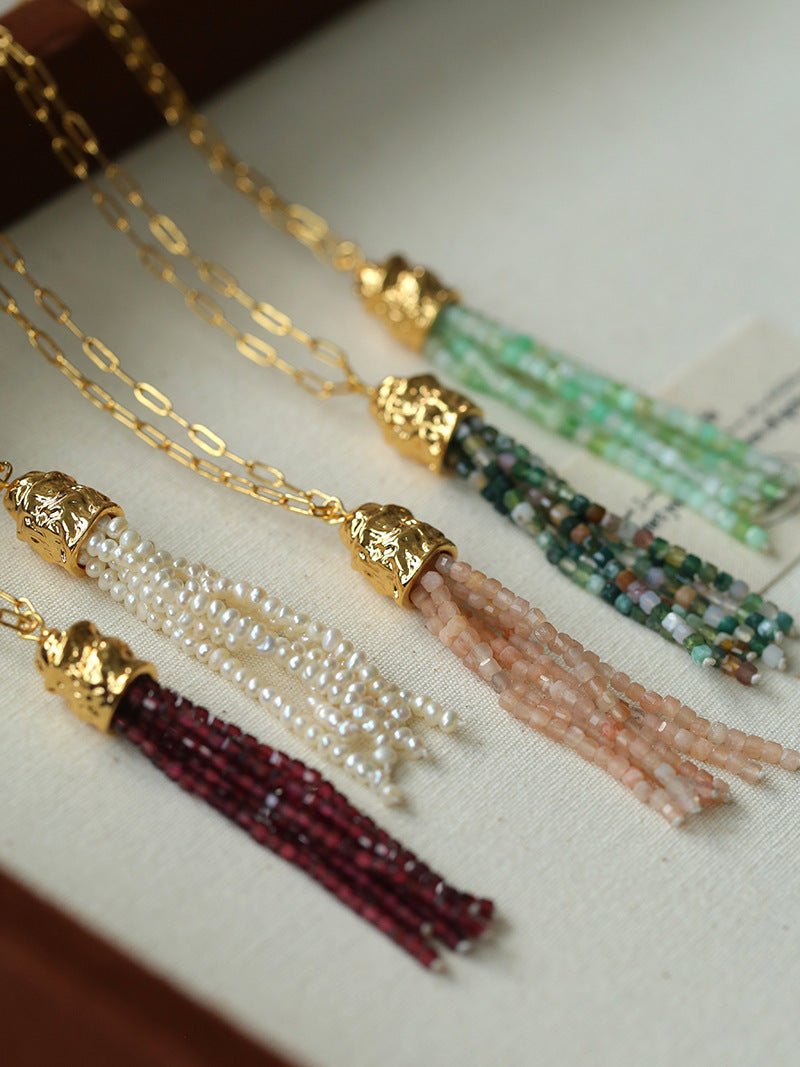 Natural Stone Tassel Necklace – Pearl, Sunstone, Australian Jade, Garnet, Moss Agate - floysun