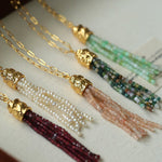 Natural Stone Tassel Necklace – Pearl, Sunstone, Australian Jade, Garnet, Moss Agate - floysun