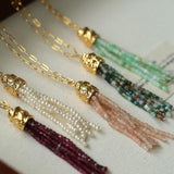 Natural Stone Tassel Necklace – Pearl, Sunstone, Australian Jade, Garnet, Moss Agate - floysun