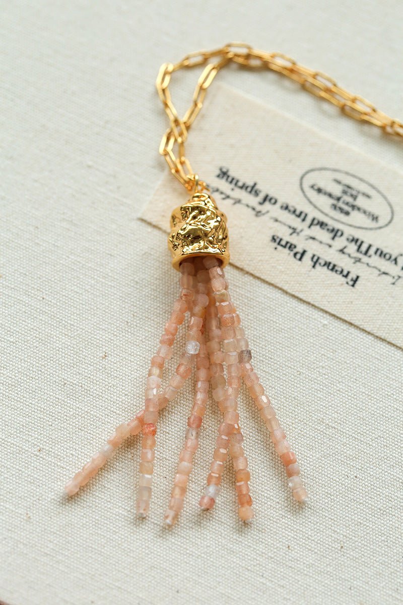 Natural Stone Tassel Necklace – Pearl, Sunstone, Australian Jade, Garnet, Moss Agate - floysun