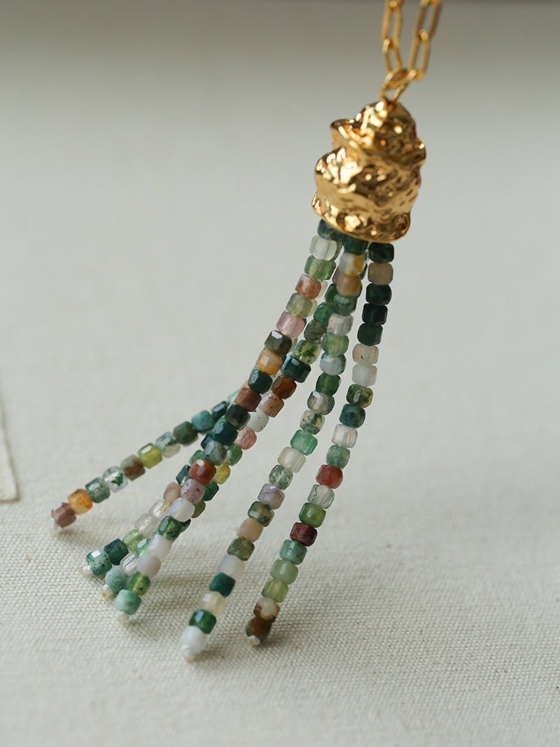 Natural Stone Tassel Necklace – Pearl, Sunstone, Australian Jade, Garnet, Moss Agate - floysun