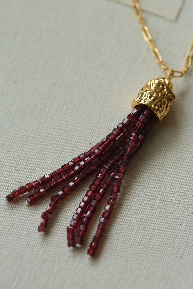 Natural Stone Tassel Necklace – Pearl, Sunstone, Australian Jade, Garnet, Moss Agate - floysun