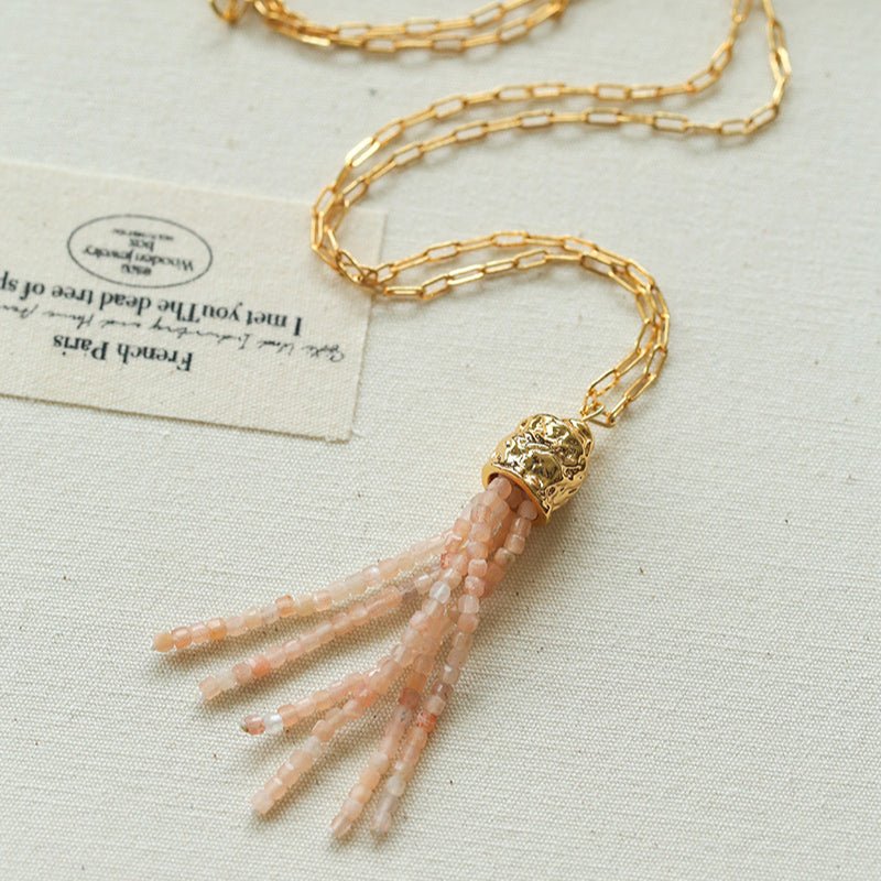 Natural Stone Tassel Necklace – Pearl, Sunstone, Australian Jade, Garnet, Moss Agate - floysun