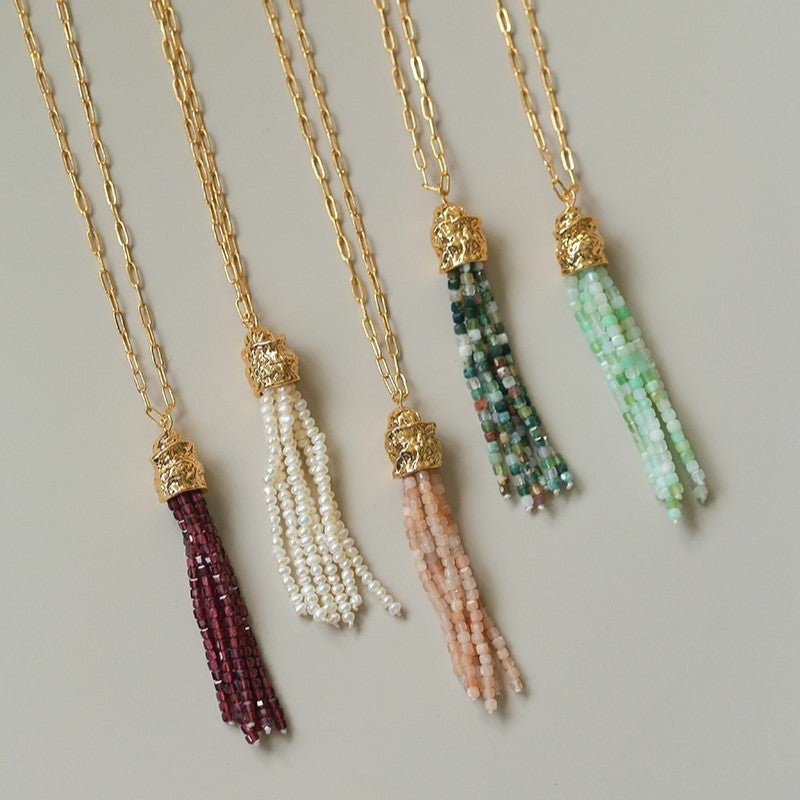 Natural Stone Tassel Necklace – Pearl, Sunstone, Australian Jade, Garnet, Moss Agate - floysun