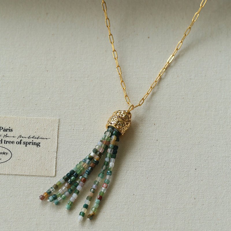Natural Stone Tassel Necklace – Pearl, Sunstone, Australian Jade, Garnet, Moss Agate - floysun