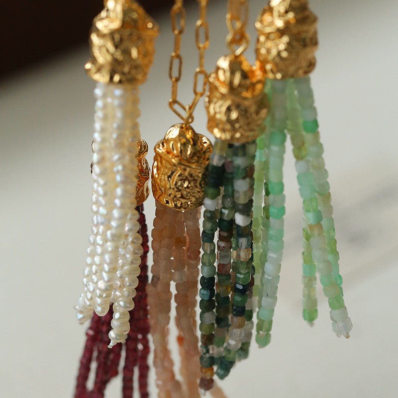 Natural Stone Tassel Necklace – Pearl, Sunstone, Australian Jade, Garnet, Moss Agate - floysun