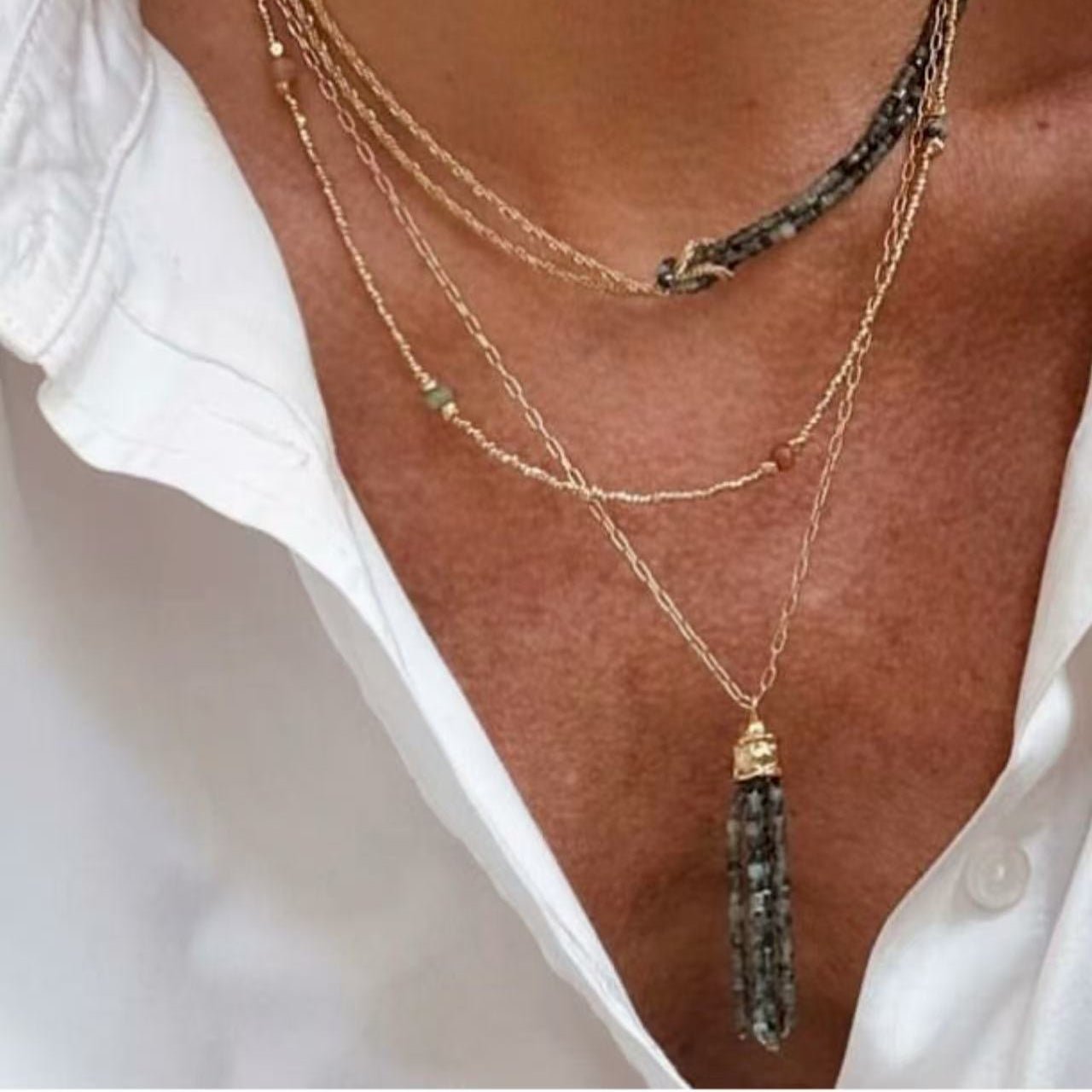 Natural Stone Tassel Necklace – Pearl, Sunstone, Australian Jade, Garnet, Moss Agate - floysun
