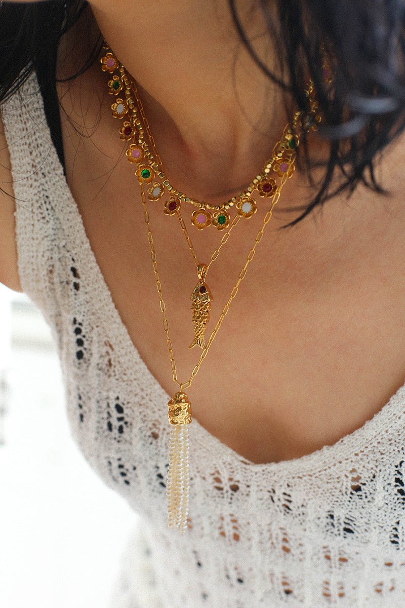 Natural Stone Tassel Necklace – Pearl, Sunstone, Australian Jade, Garnet, Moss Agate - floysun