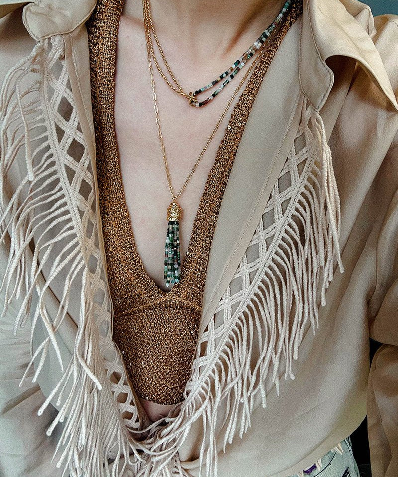 Natural Stone Tassel Necklace – Pearl, Sunstone, Australian Jade, Garnet, Moss Agate - floysun