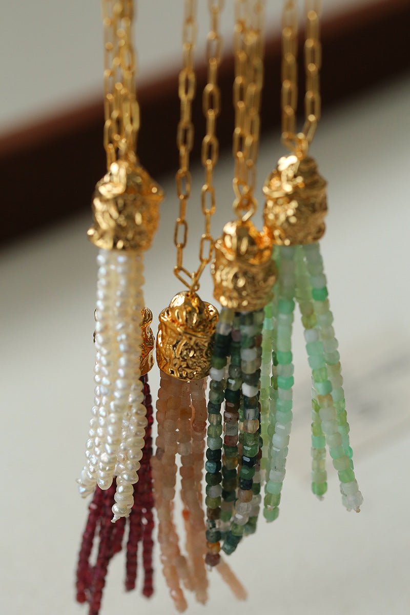 Natural Stone Tassel Necklace – Pearl, Sunstone, Australian Jade, Garnet, Moss Agate - floysun