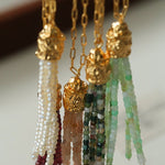 Natural Stone Tassel Necklace – Pearl, Sunstone, Australian Jade, Garnet, Moss Agate - floysun
