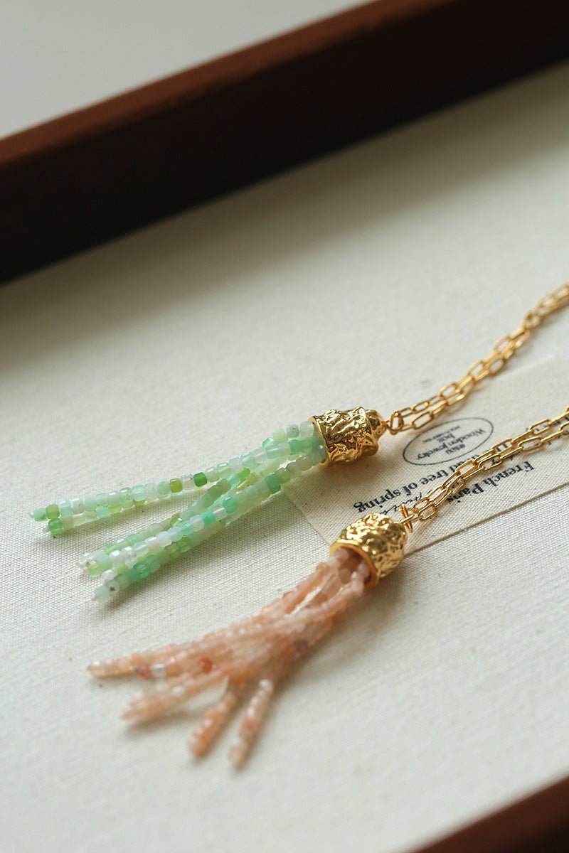 Natural Stone Tassel Necklace – Pearl, Sunstone, Australian Jade, Garnet, Moss Agate - floysun
