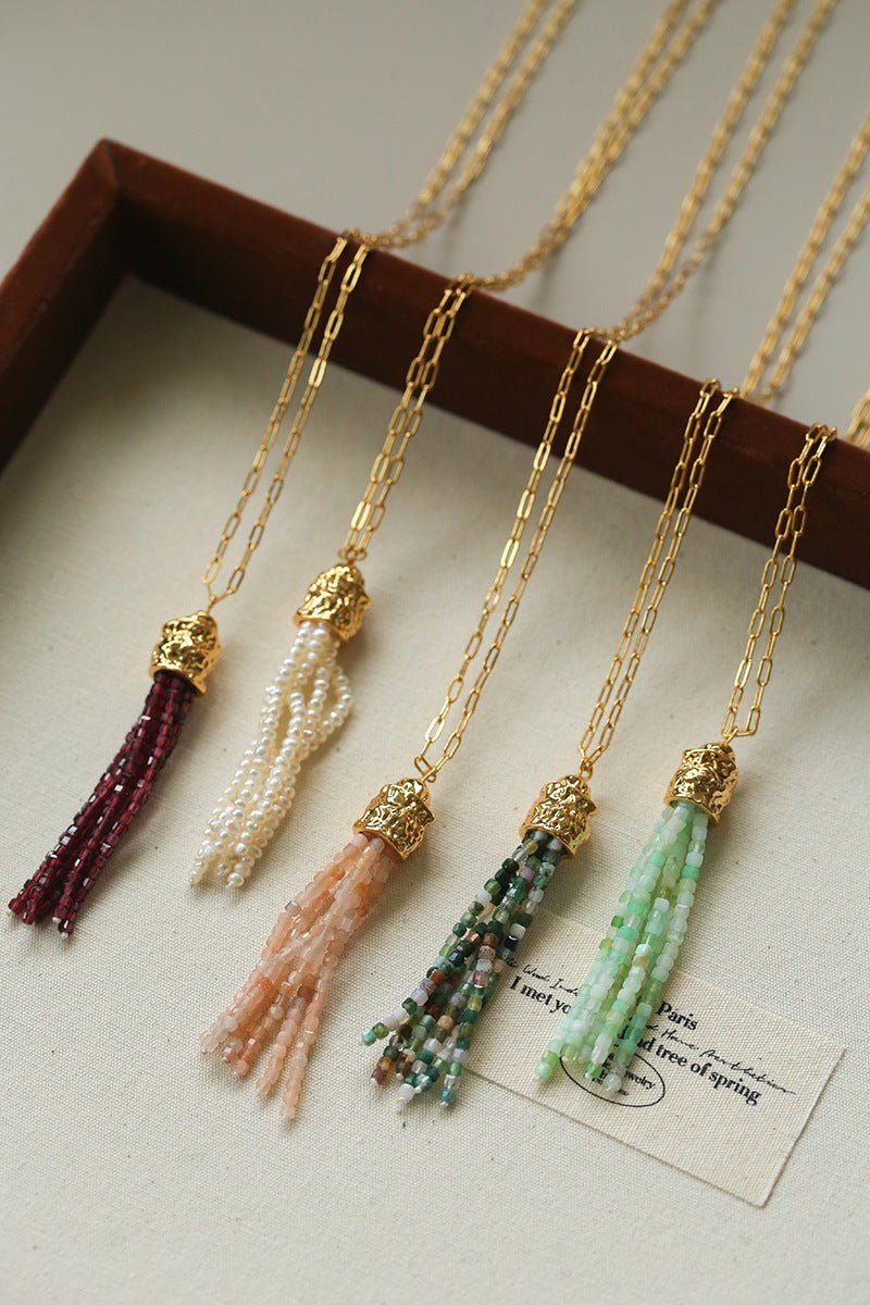 Natural Stone Tassel Necklace – Pearl, Sunstone, Australian Jade, Garnet, Moss Agate - floysun