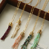 Natural Stone Tassel Necklace – Pearl, Sunstone, Australian Jade, Garnet, Moss Agate - floysun
