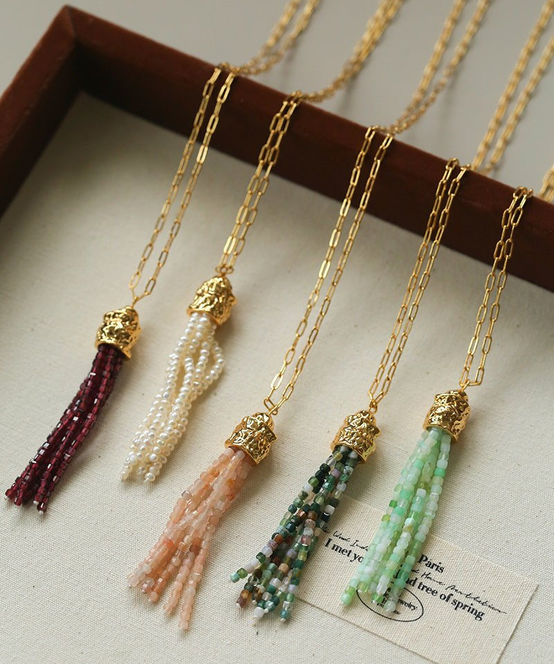 Natural Stone Tassel Necklace – Pearl, Sunstone, Australian Jade, Garnet, Moss Agate - floysun