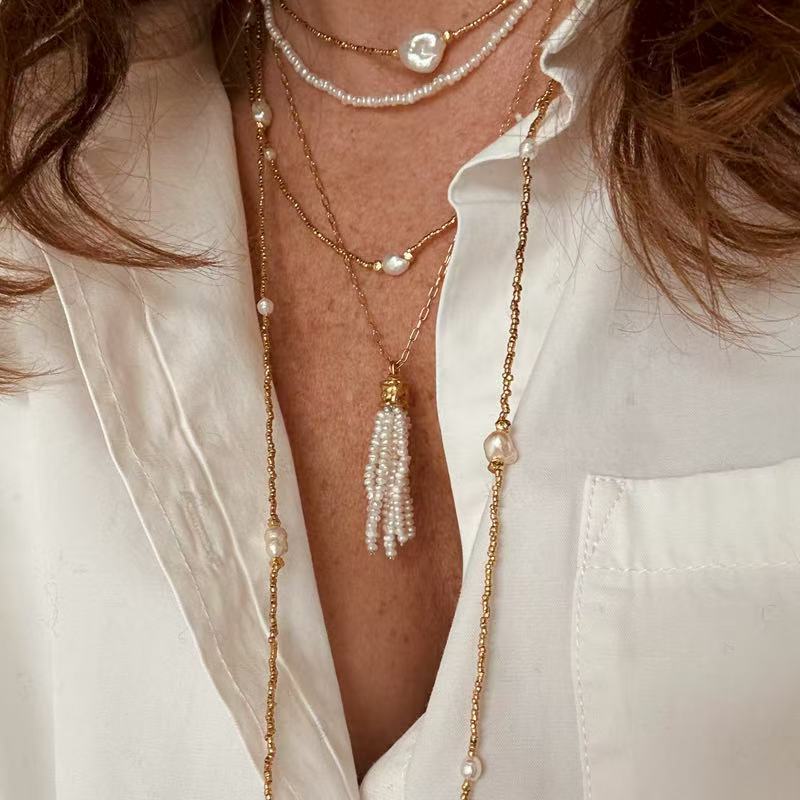Natural Stone Tassel Necklace – Pearl, Sunstone, Australian Jade, Garnet, Moss Agate - floysun
