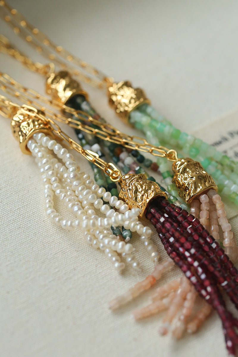 Natural Stone Tassel Necklace – Pearl, Sunstone, Australian Jade, Garnet, Moss Agate - floysun