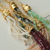 Natural Stone Tassel Necklace – Pearl, Sunstone, Australian Jade, Garnet, Moss Agate - floysun