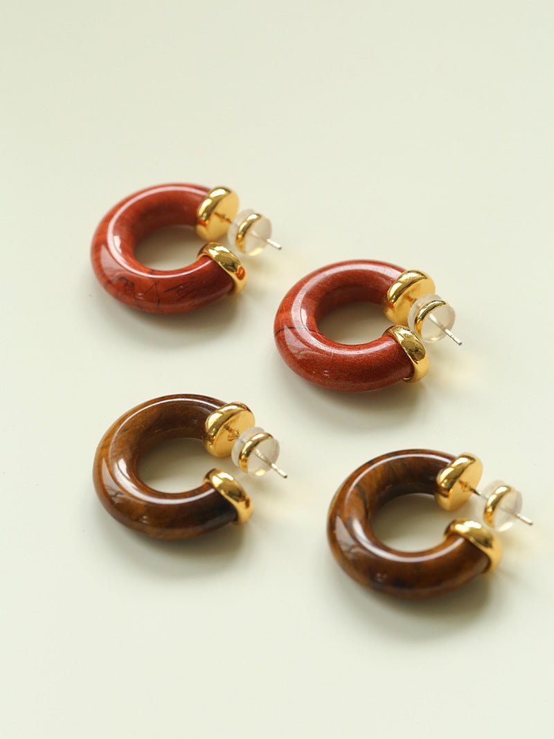 Natural Tiger’s Eye & Red Stone Hoop Earrings - floysun