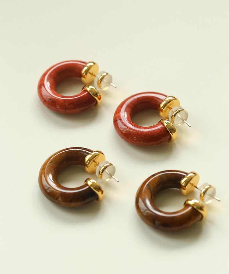 Natural Tiger’s Eye & Red Stone Hoop Earrings - floysun