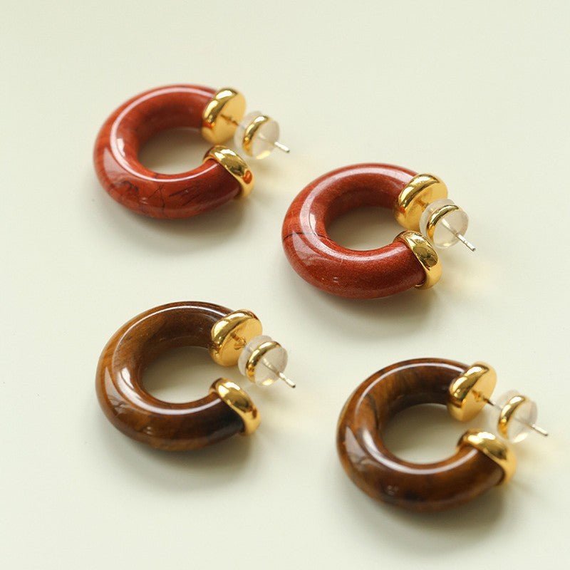 Natural Tiger’s Eye & Red Stone Hoop Earrings - floysun