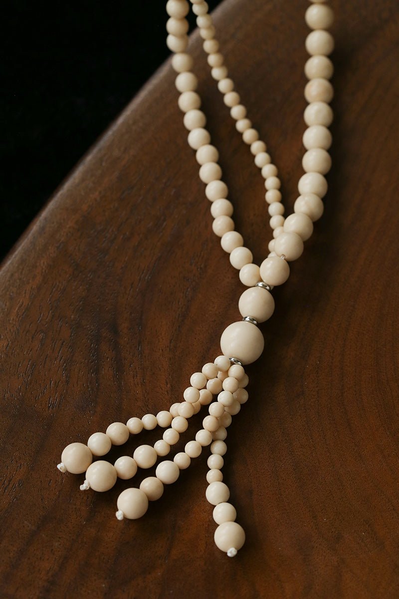 Natural White Fossil Stone Graduated Bead Tassel Long Necklace - floysun