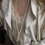 Natural White Fossil Stone Graduated Bead Tassel Long Necklace - floysun