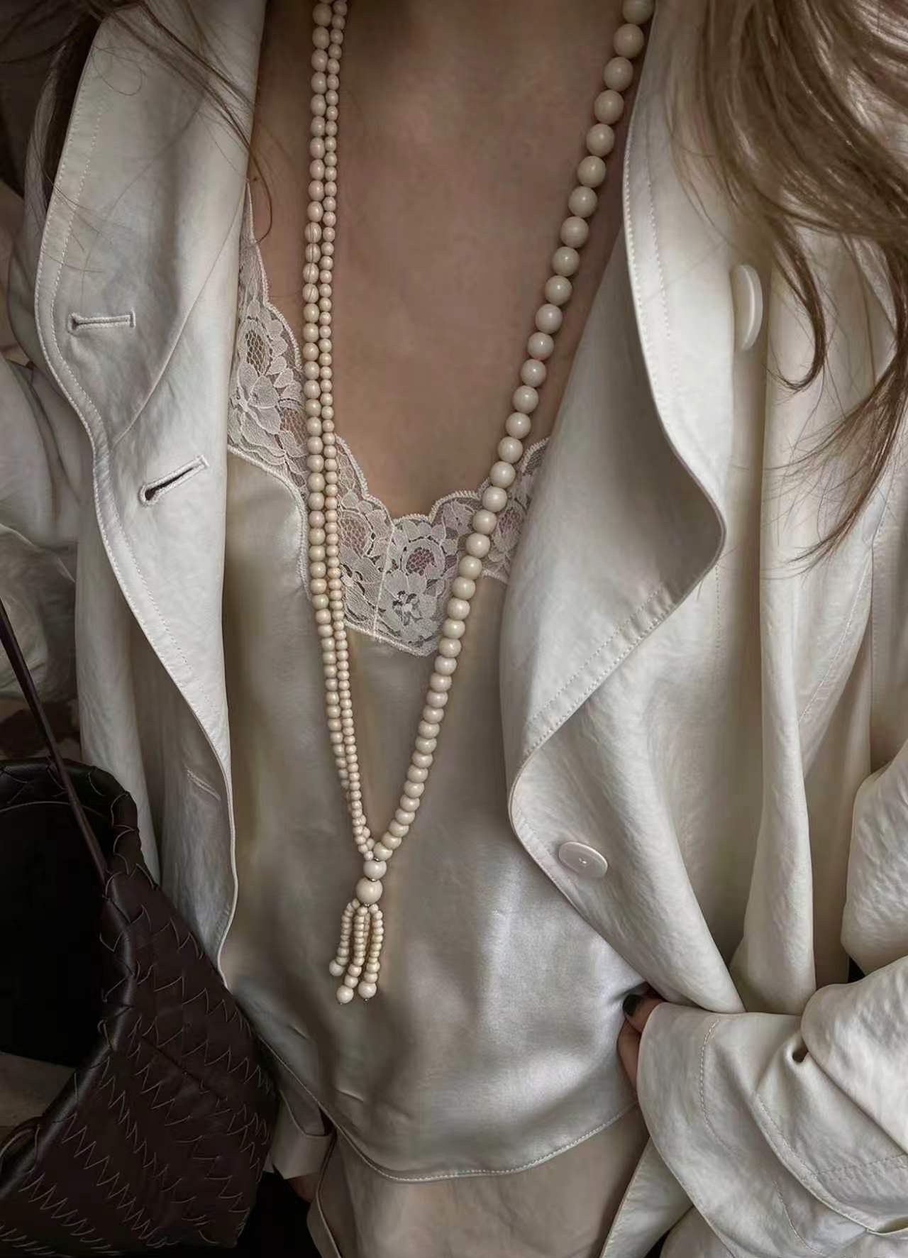 Natural White Fossil Stone Graduated Bead Tassel Long Necklace - floysun