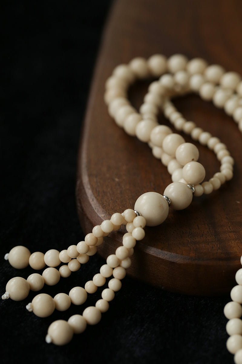 Natural White Fossil Stone Graduated Bead Tassel Long Necklace - floysun