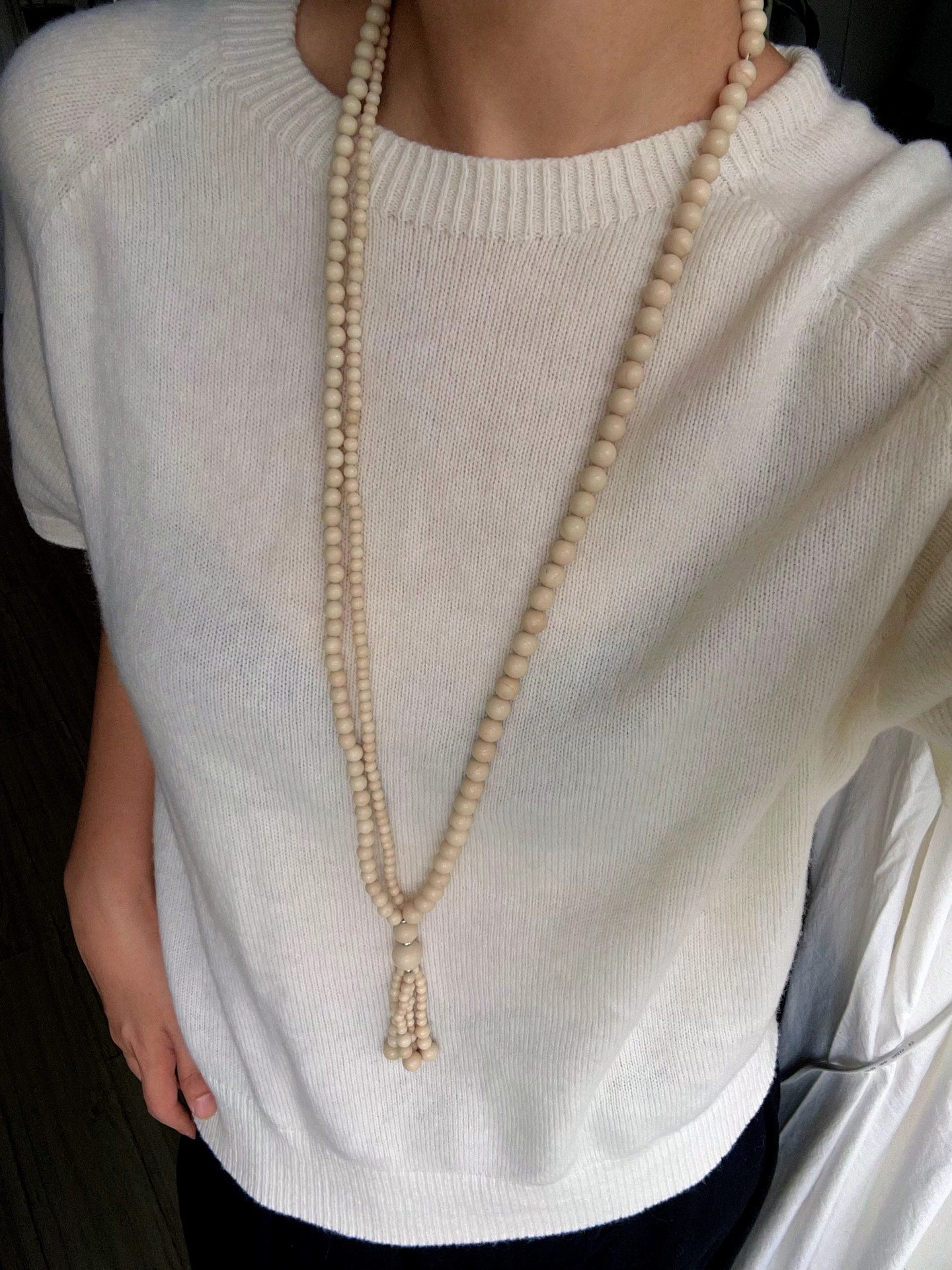 Natural White Fossil Stone Graduated Bead Tassel Long Necklace - floysun