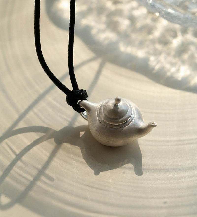 New Chinese Brushed Silver Teapot Pendant Necklace with Black Cord - floysun