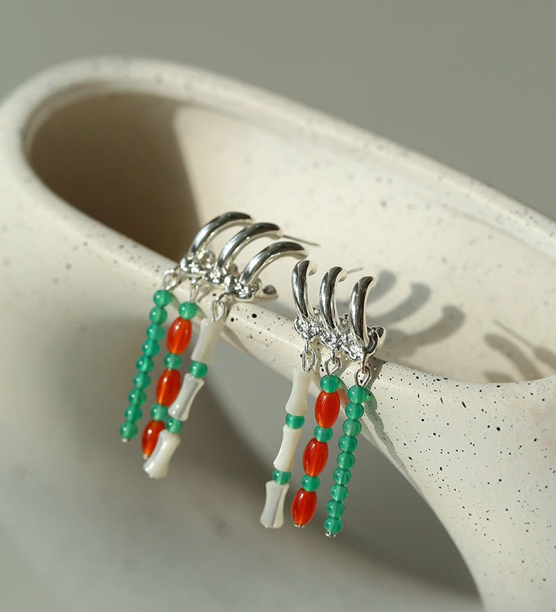 New Chinese Style Bamboo Aventurine Commuting Three - Layer Earrings - floysun