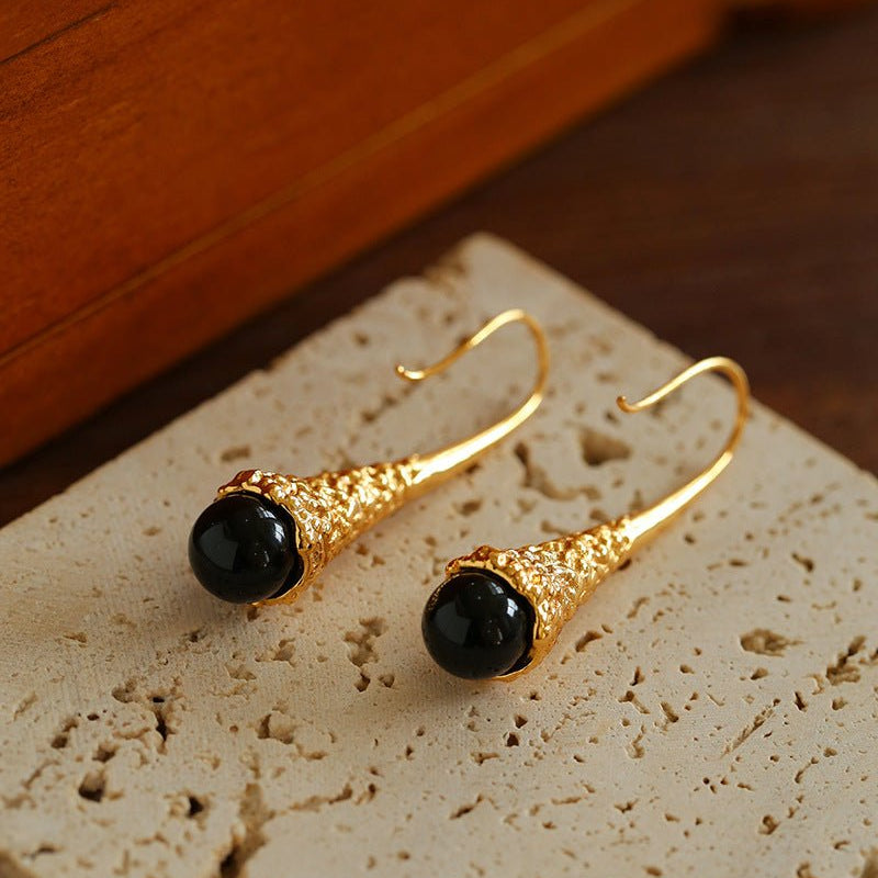 Niche Drop - shaped Agate Texture Ear Hook Earrings - Black Onyx - floysun